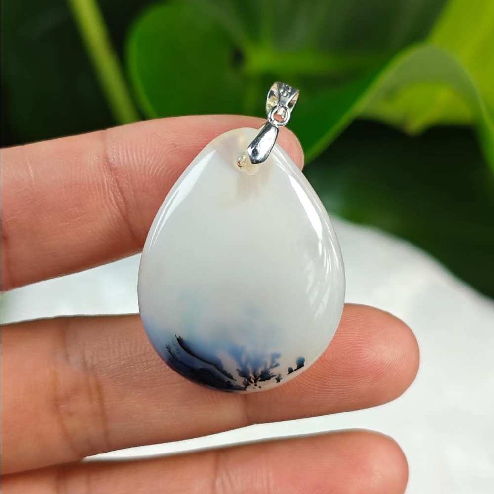 925 silver plated dendritic agate teardrop pendant 1288
